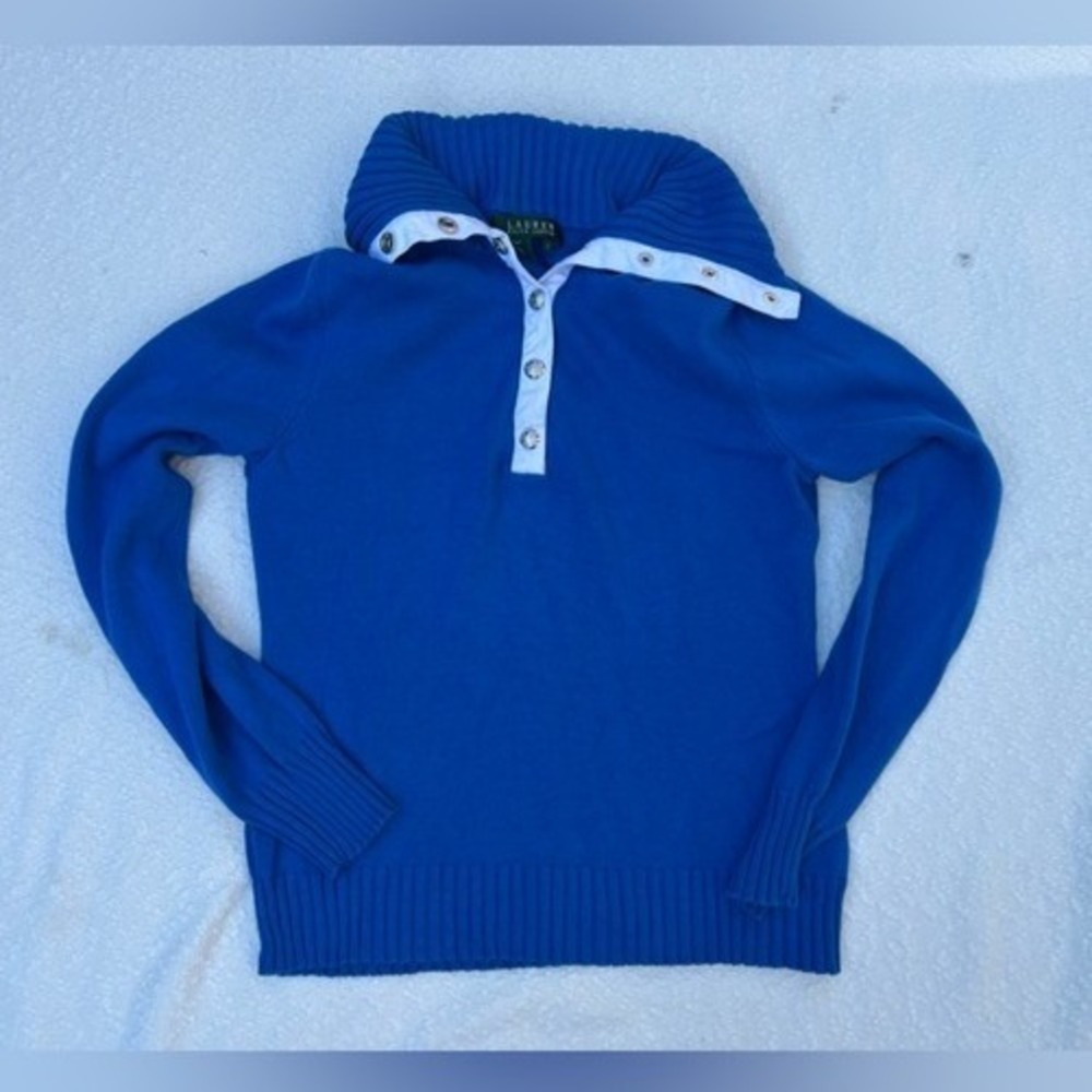 Lauren Ralph Lauren‎ Womens S Blue Cotton Mock Neck Sweater Silver Buttons